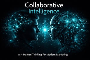 AI and human collaborative intelligence concept with turquoise neural network glow representing AI-augmented marketing systems