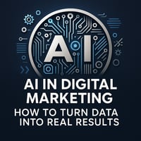 Illustration of AI-powered digital marketing strategy showing data-driven growth, automation, and performance optimization with futuristic design elements.