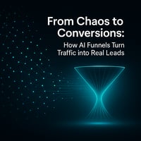 Abstract digital artwork showing chaotic data streams transforming into a glowing turquoise AI funnel, symbolizing the shift from traffic chaos to structured lead generation