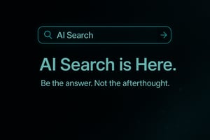 Futuristic dark interface with glowing teal search bar and abstract AI elements, symbolizing the rise of AI search and intelligent answers