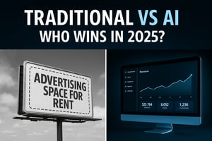 Split-screen graphic comparing outdated copy-paste marketing with AI-powered rebel strategies, highlighting why AI rebels scale smarter and win in 2025.