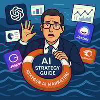 Illustration showing overwhelmed marketer drowning in overpriced AI tools