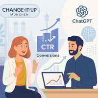 Modern flat-style illustration showing a female coach from 'Change-it-up München' enthusiastically discussing results with a male digital expert. In the center, upward-pointing charts labeled 'CTR' and 'Conversions' illustrate marketing success. Background elements include Munich landmarks, the ChatGPT logo, and abstract data symbols. growth hacking and prompt engineering with nextgenaimarketing