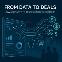Abstract illustration showing AI-powered data flows transforming into customer conversions – symbolizing data-driven marketing success