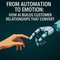 Illustration of a human hand reaching out to a robotic hand on a dark teal background, symbolizing AI-driven emotional marketing. Text overlay: "From Automation to Emotion: How AI Builds Customer Relationships that Convert".