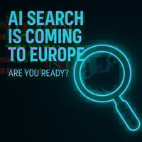 Futuristic teal-glow visual with magnifying glass over Europe and headline ‘AI Search Is Coming to Europe’. Rebel-style design
