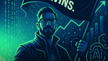 Illustration of an AI rebel with a flag “Small brands. Big wins.” in teal; tech background; brand style.