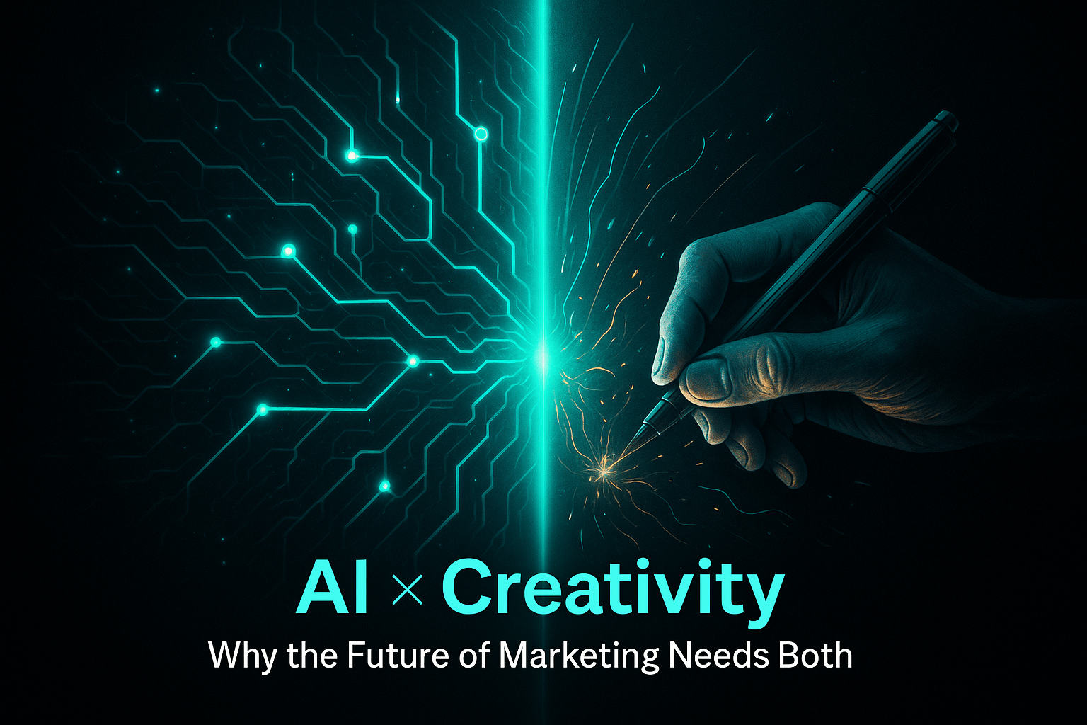  Futuristic split-image showing a glowing AI neural network merging with a human hand sketching creative sparks — symbolizing how technology and imagination unite to drive modern marketing.