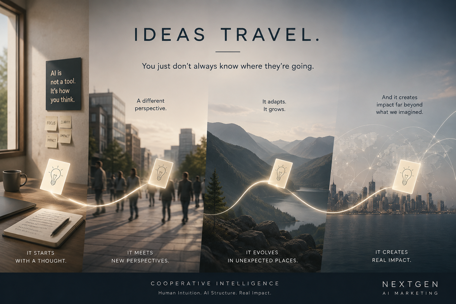 Abstract Cooperative Intelligence visual showing an idea quietly travelling between different contexts while retaining its identity.