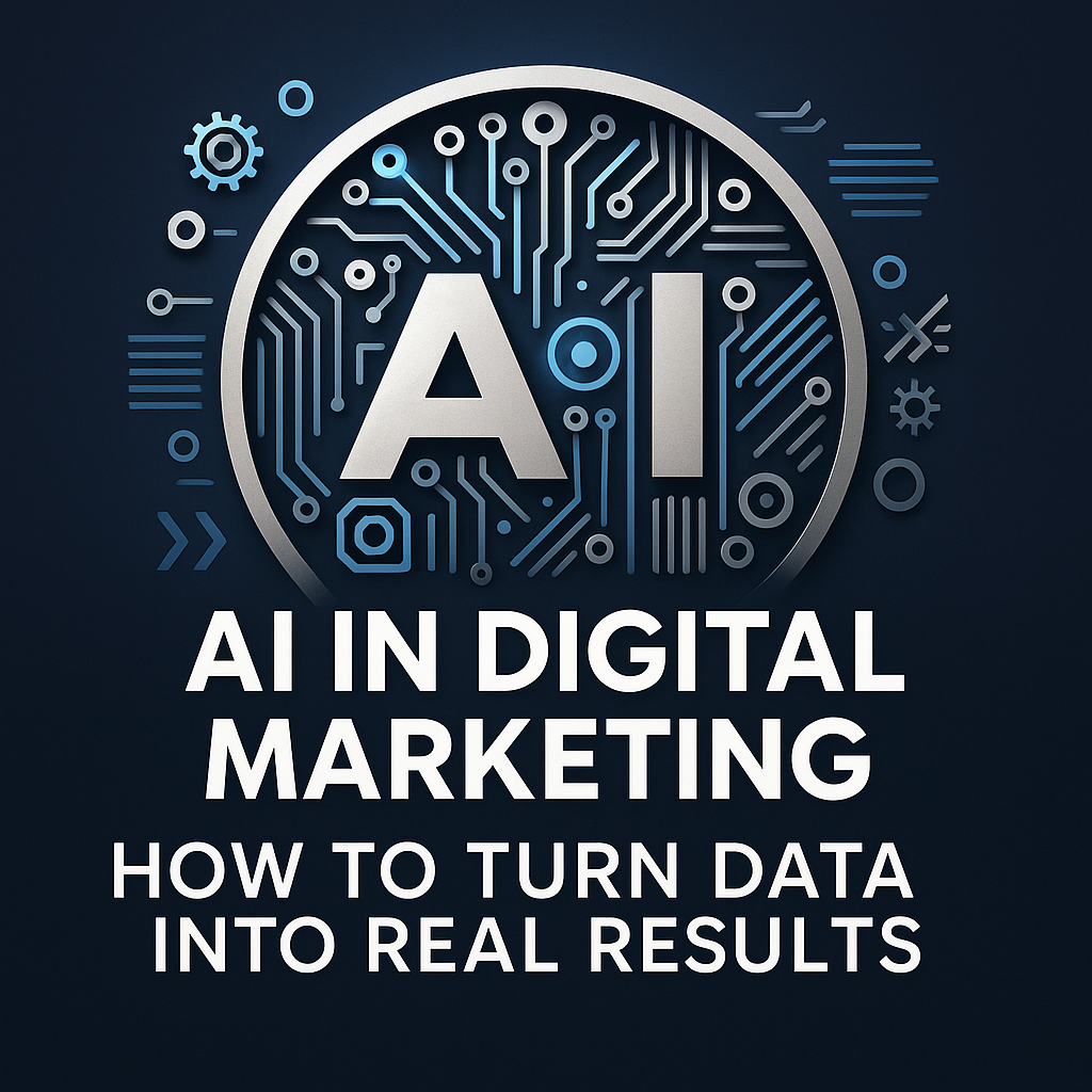 Illustration of AI-powered digital marketing strategy showing data-driven growth, automation, and performance optimization with futuristic design elements.