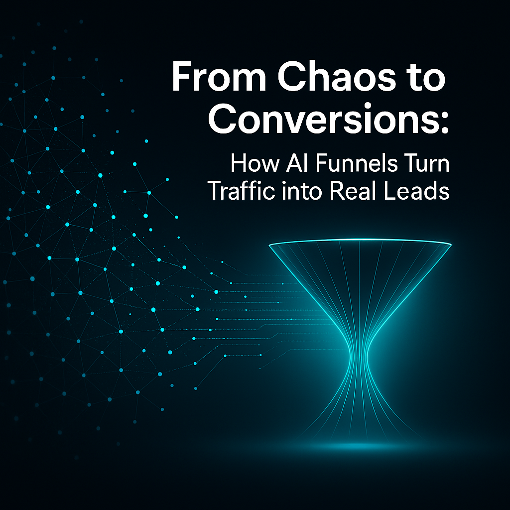 Abstract digital artwork showing chaotic data streams transforming into a glowing turquoise AI funnel, symbolizing the shift from traffic chaos to structured lead generation
