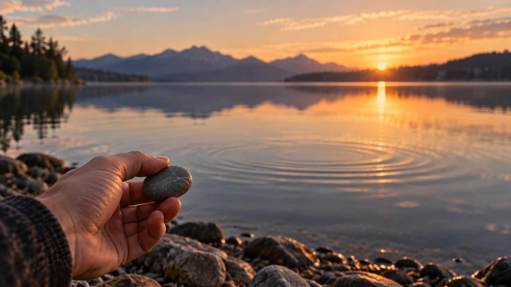 Cinematic lakeside scene showing a hand holding back a stone while subtle ripples continue across calm water, representing conscious restraint and Cooperative Intelligence