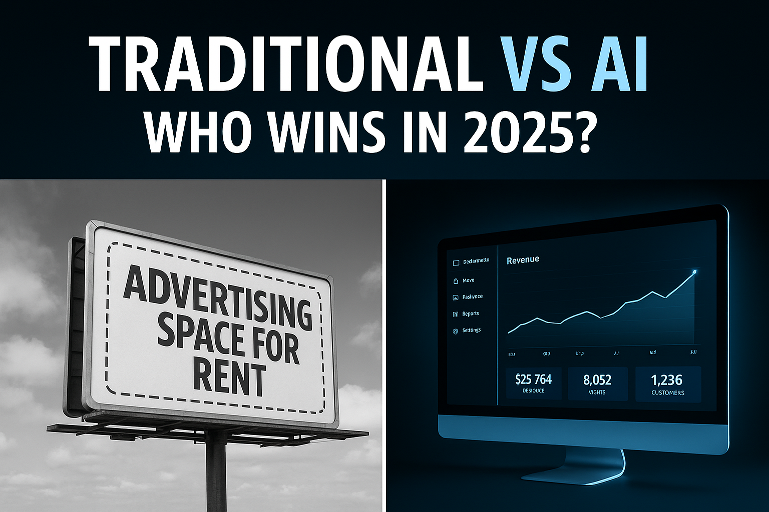 Split-screen graphic comparing outdated copy-paste marketing with AI-powered rebel strategies, highlighting why AI rebels scale smarter and win in 2025.