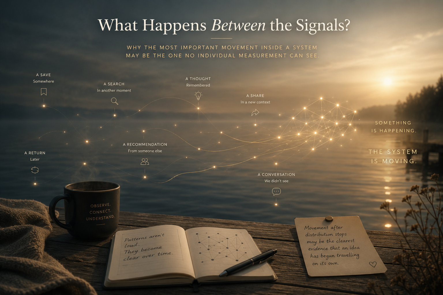 Cinematic Cooperative Intelligence visual showing independent signals gradually connecting into a coherent pattern across a quiet lakeside system