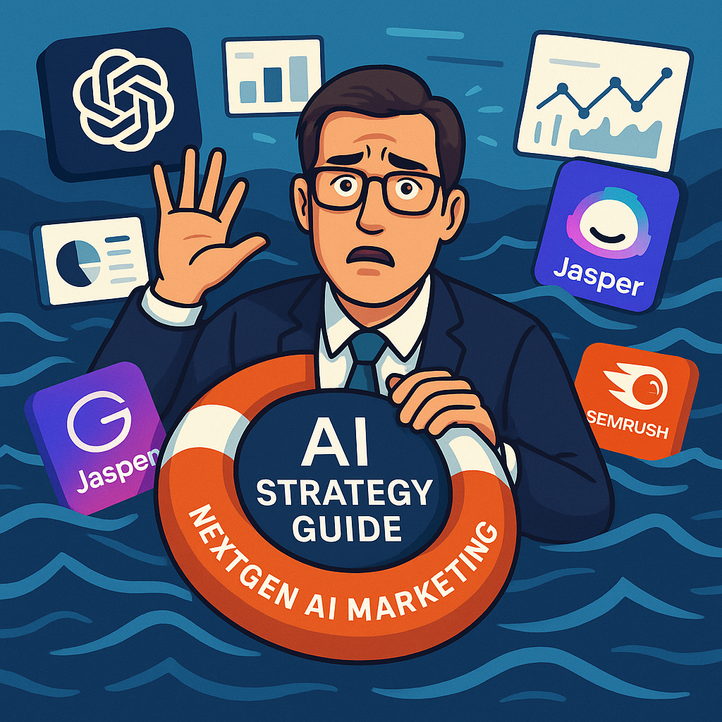 Illustration showing overwhelmed marketer drowning in overpriced AI tools