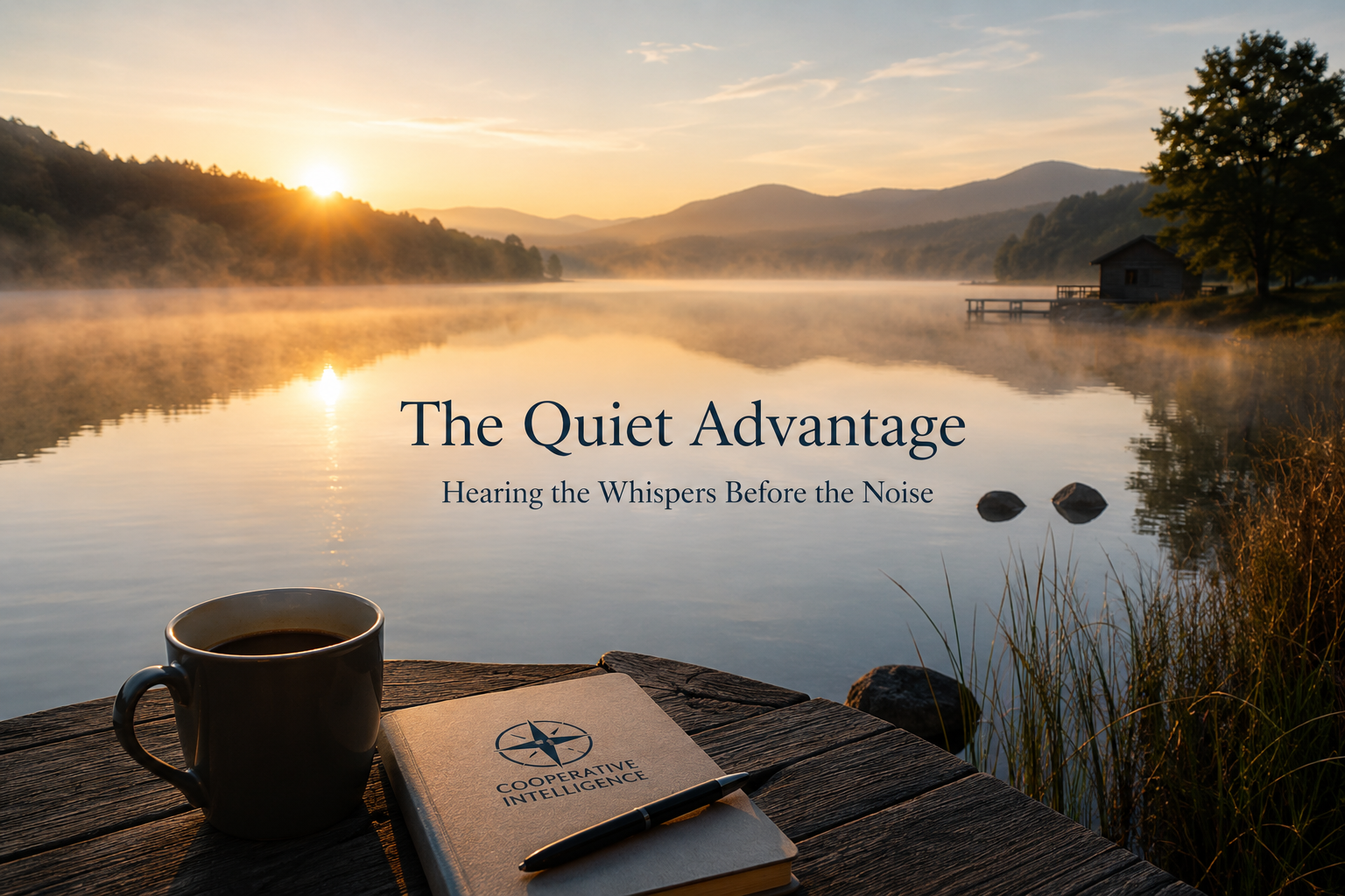 A calm lake at dawn representing quiet signals, clarity and thoughtful observation