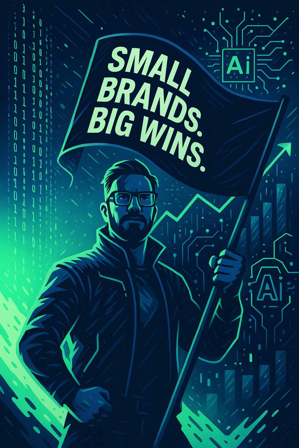 Illustration of a rebel with a flag, symbolizing AI-powered tools helping small businesses grow smarter and outperform giants