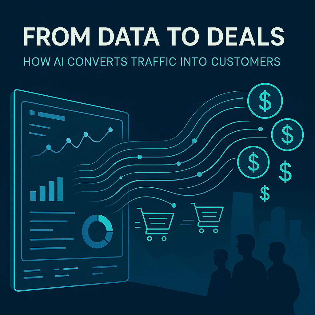 Abstract illustration showing AI-powered data flows transforming into customer conversions – symbolizing data-driven marketing success