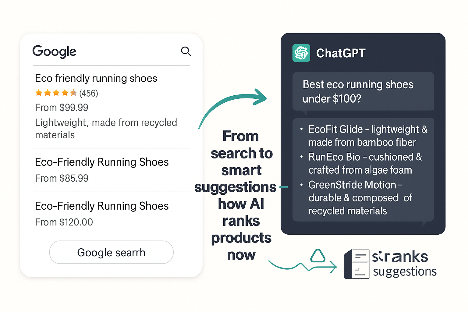 Infographic shows the comparison between traditional product search via Google and the AI-based product recommendation by ChatGPT, including factors such as personalization, data sources and user intention. next gen ai marketing
