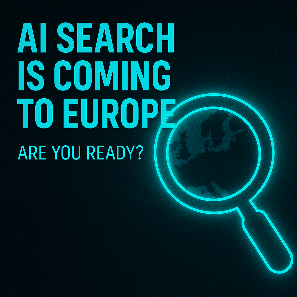 Futuristic teal-glow visual with magnifying glass over Europe and headline ‘AI Search Is Coming to Europe’. Rebel-style design